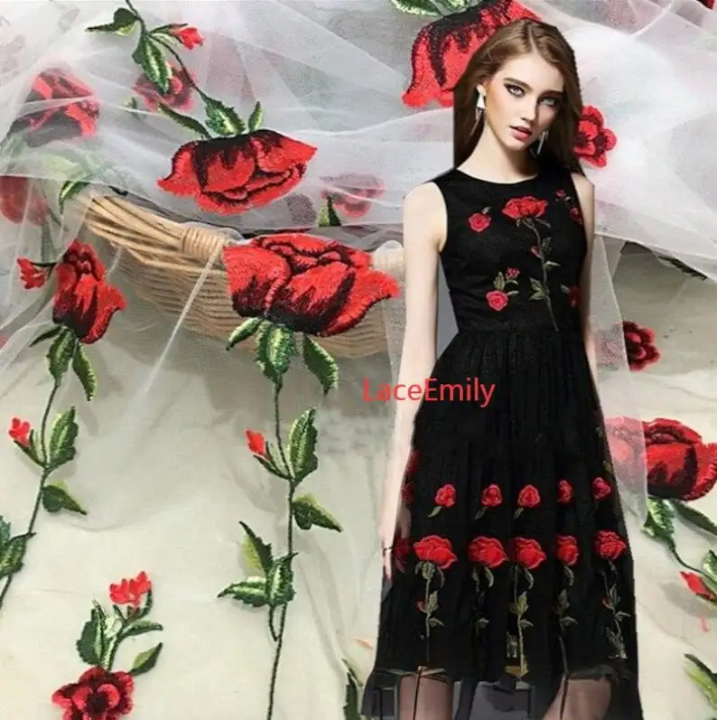 Embroidery Rose - Kırmızı Gül Dantel Kumaş çiçek nakış