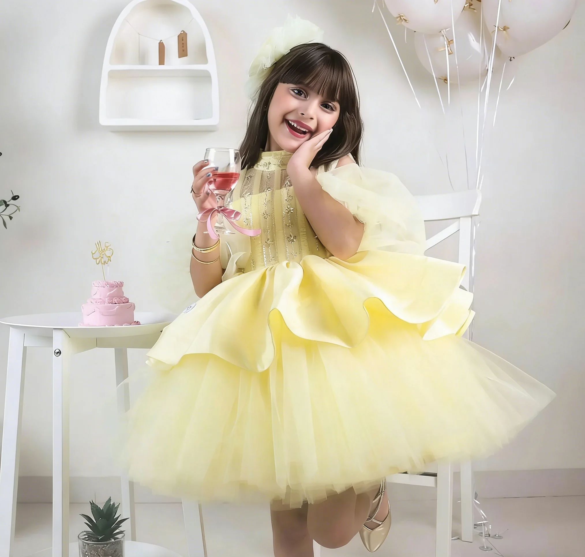 Embroidery Yellow Dress - Sarı Çiçek Kız Elbiseleri Düğün için