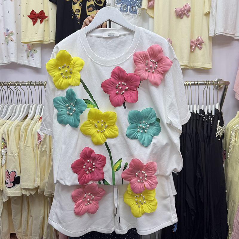 Embroidery Cotton Shirt - Yaz Renkli 3D Çiçekler T-shirt İnciler