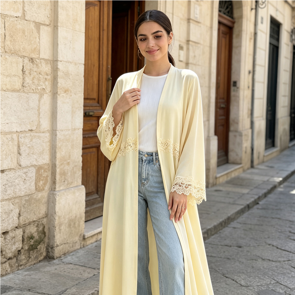 Embroidery Kebaya - Zarif İşlemeli Açık Dubai Abaya Kimono