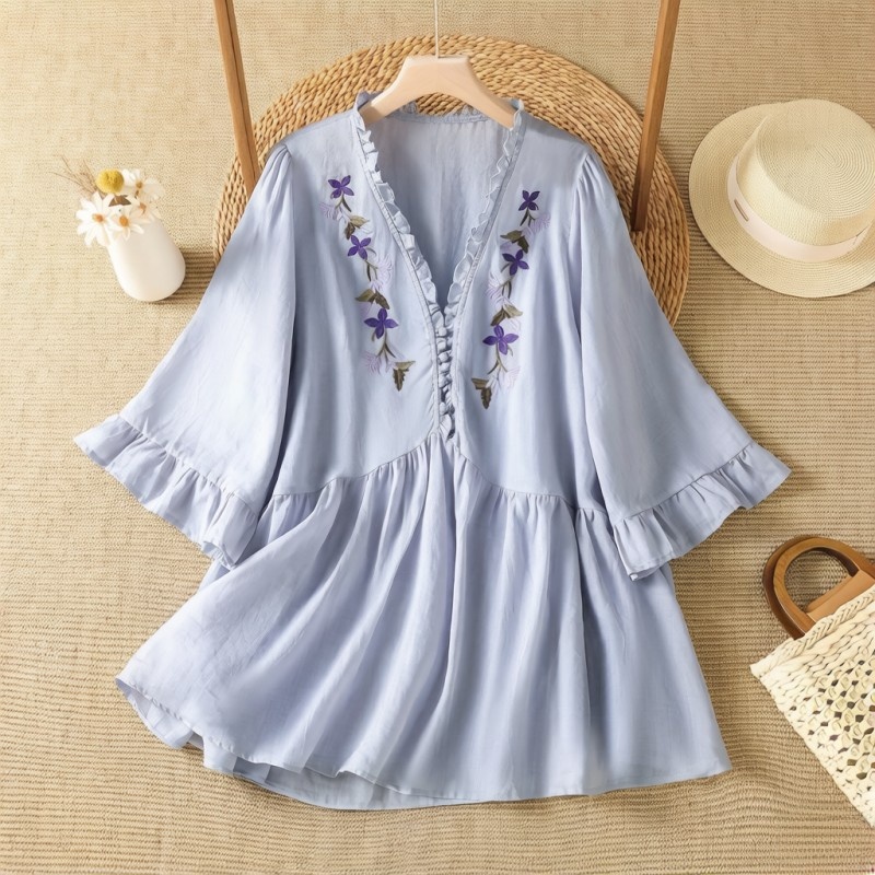 Embroidery Cotton Shirt - Zarif Mor Çiçek Desenli Nakışlı Pamuklu